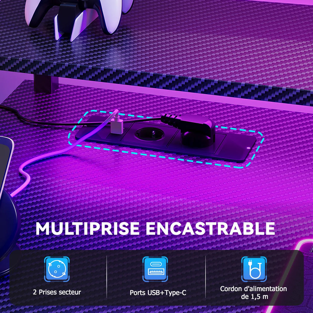 Mesa Gaming con Estantes Cajones LED RGB | 2 Enchufes USB | Soporte Monitor | Negro | Mihtrov