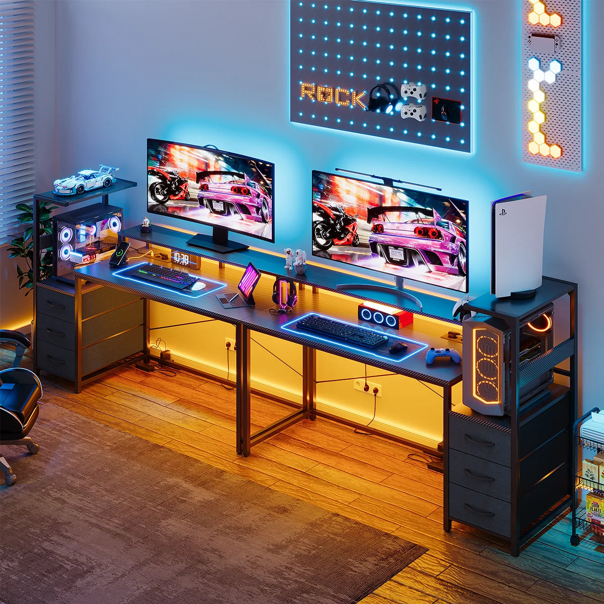 Mesa Gaming con Estantes Cajones LED RGB | 2 Enchufes USB | Soporte Monitor | Negro | Mihtrov