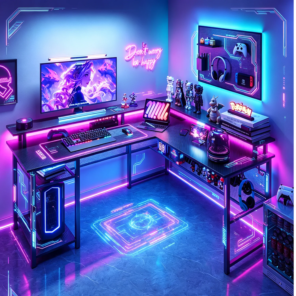 Mesa Gaming en L 136x75cm | LED Ajustable + Enchufe USB | Ergónomica | Trabajo y Gaming | Mihtrov