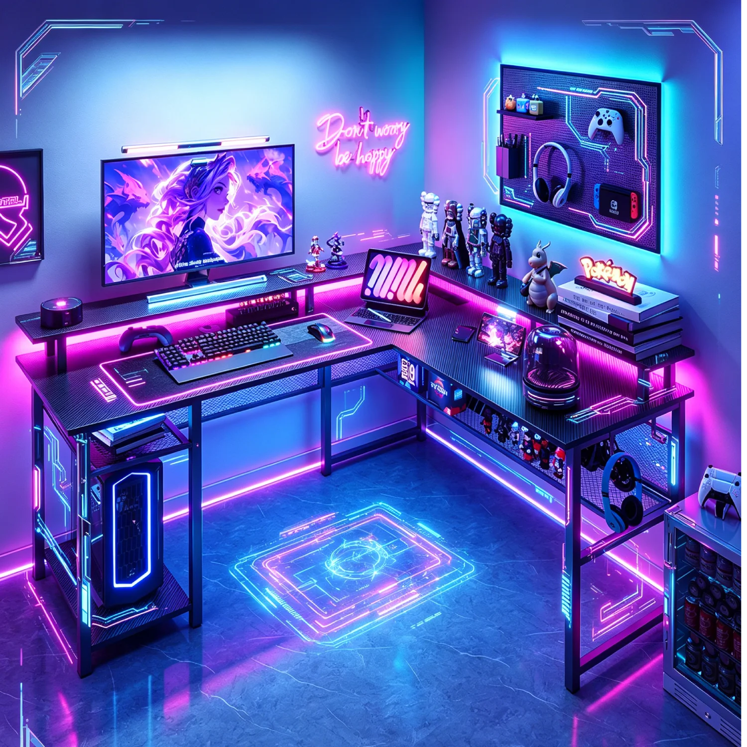 Mesa Gaming en L 136x75cm | LED Ajustable + Enchufe USB | Ergónomica | Trabajo y Gaming | Mihtrov