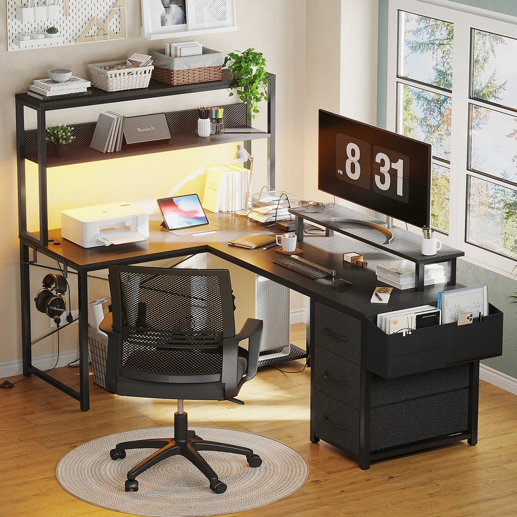 Mesa Gaming en L con LED RGB Enchufe USB Cajón Archivador y Soporte Monitor | Negro | Mihtrov