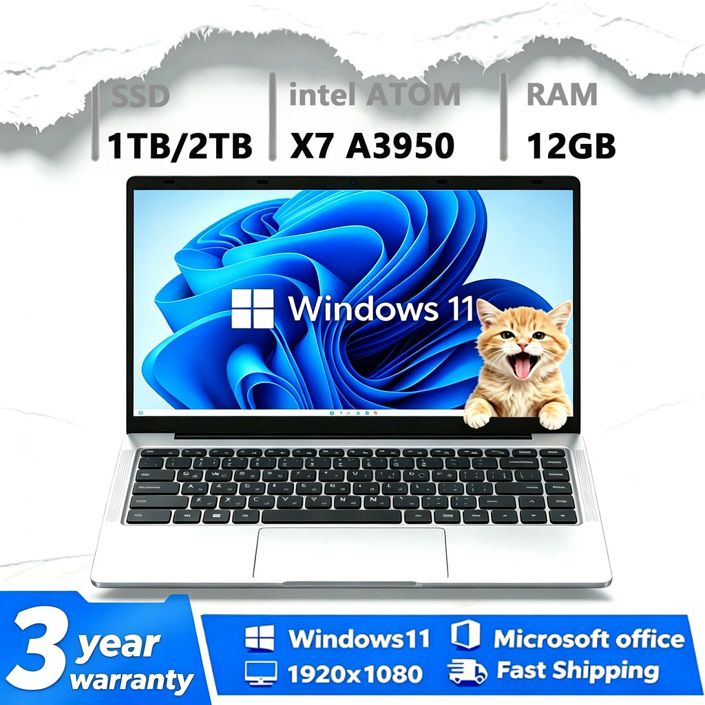 Portátil 14.1'' Windows 11 Intel Atom x7 | 12GB RAM DDR4 | SSD hasta 2TB | FHD 1080P | Certificado CE