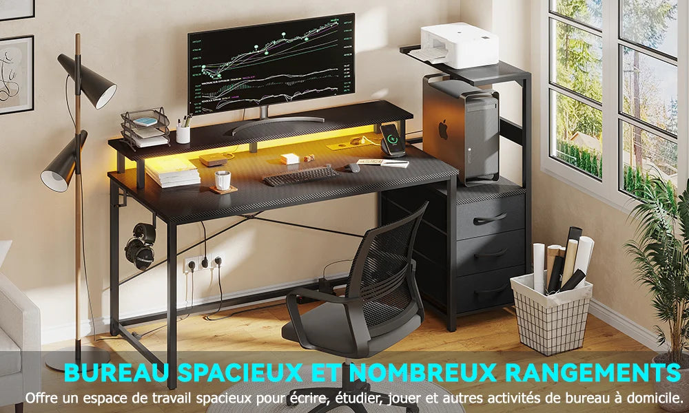Mesa Gaming con Estantes Cajones LED RGB | 2 Enchufes USB | Soporte Monitor | Negro | Mihtrov