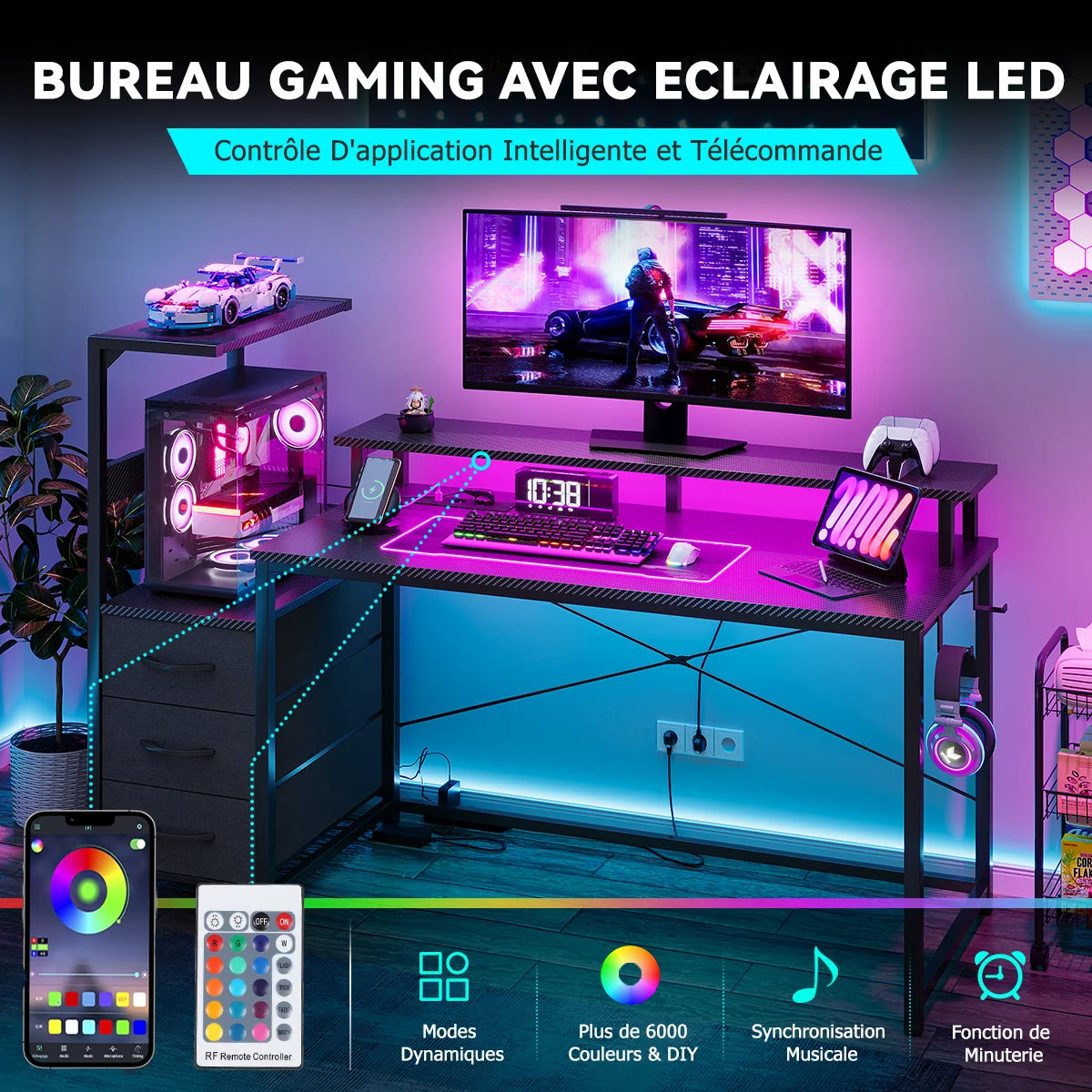 Mesa Gaming con Estantes Cajones LED RGB | 2 Enchufes USB | Soporte Monitor | Negro | Mihtrov