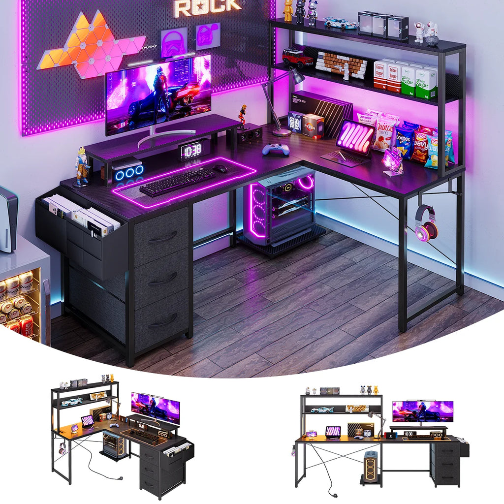 Mesa Gaming en L con LED RGB Enchufe USB Cajón Archivador y Soporte Monitor | Negro | Mihtrov