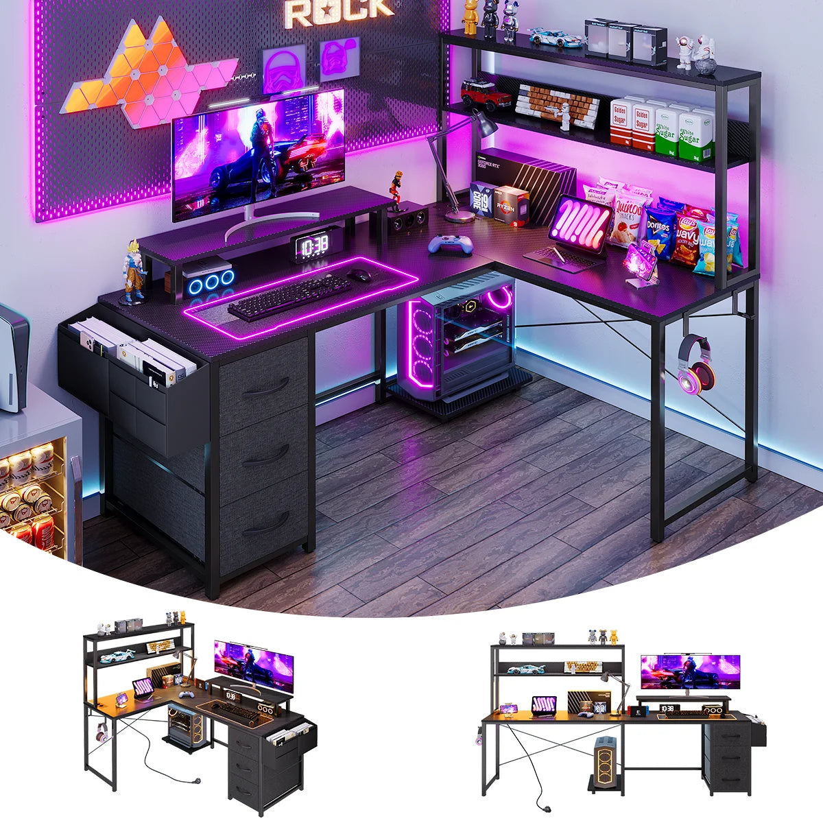 Mesa Gaming en L con LED RGB Enchufe USB Cajón Archivador y Soporte Monitor | Negro | Mihtrov