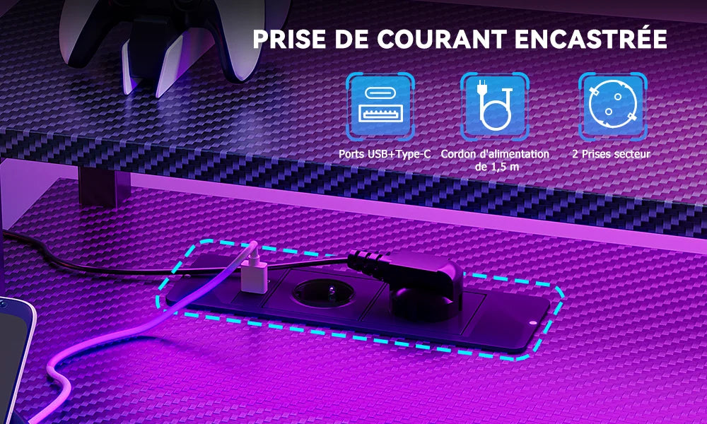 Mesa Gaming con Estantes Cajones LED RGB | 2 Enchufes USB | Soporte Monitor | Negro | Mihtrov