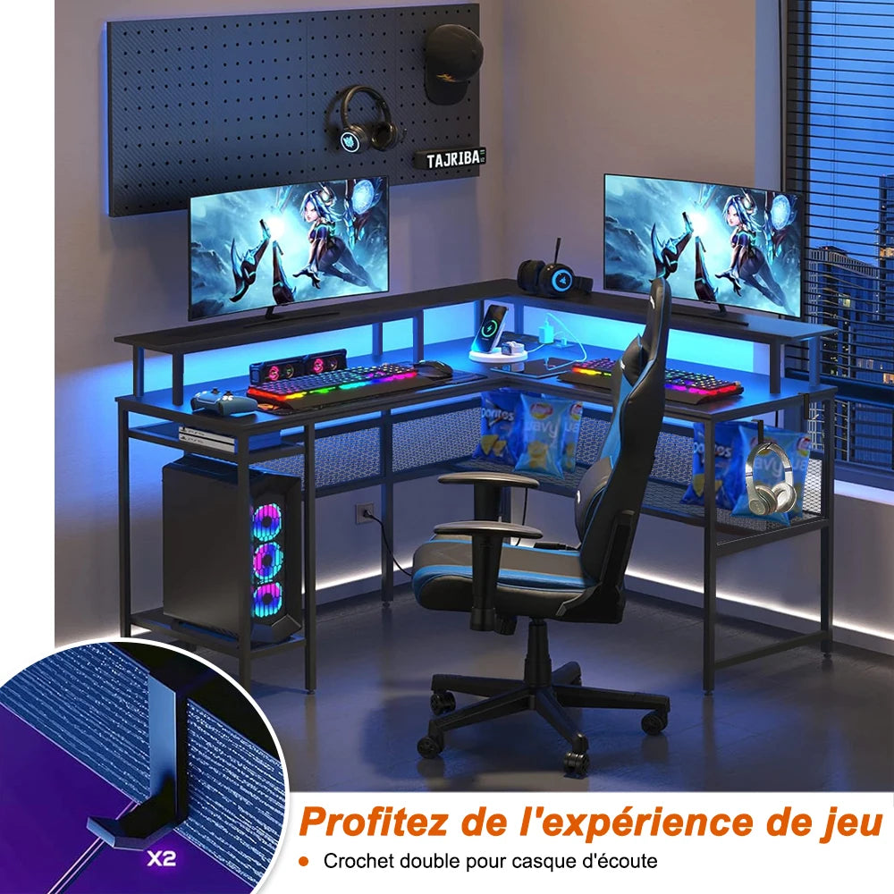 Mesa Gaming en L 136x75cm | LED Ajustable + Enchufe USB | Ergónomica | Trabajo y Gaming | Mihtrov