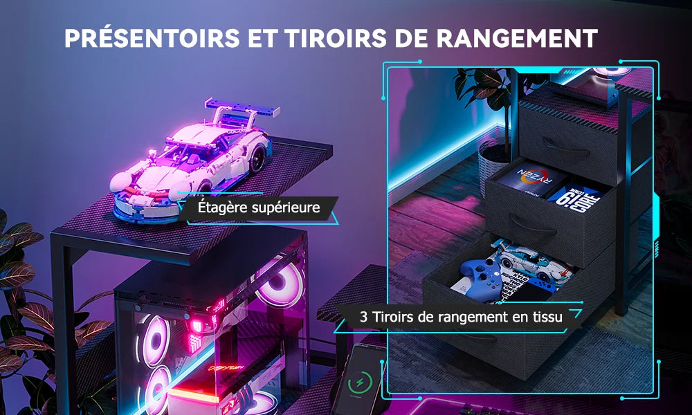 Mesa Gaming con Estantes Cajones LED RGB | 2 Enchufes USB | Soporte Monitor | Negro | Mihtrov