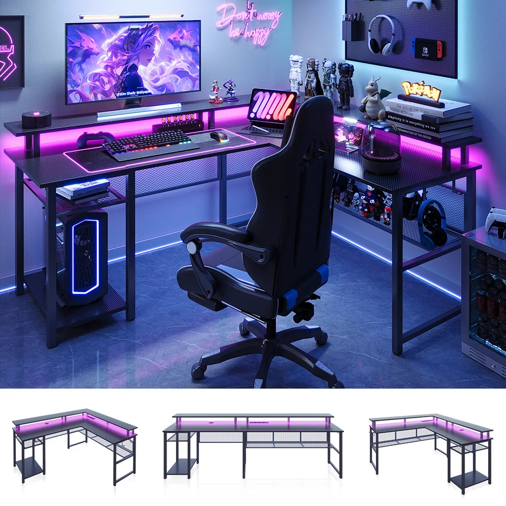 Mesa Gaming en L 136x75cm | LED Ajustable + Enchufe USB | Ergónomica | Trabajo y Gaming | Mihtrov
