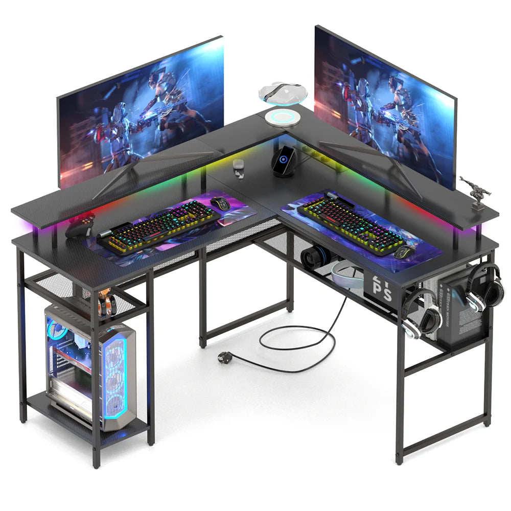 Mesa Gaming en L 136x75cm | LED Ajustable + Enchufe USB | Ergónomica | Trabajo y Gaming | Mihtrov