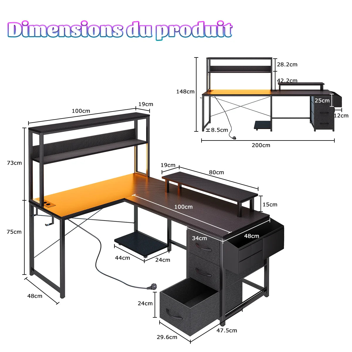 Mesa Gaming en L con LED RGB Enchufe USB Cajón Archivador y Soporte Monitor | Negro | Mihtrov