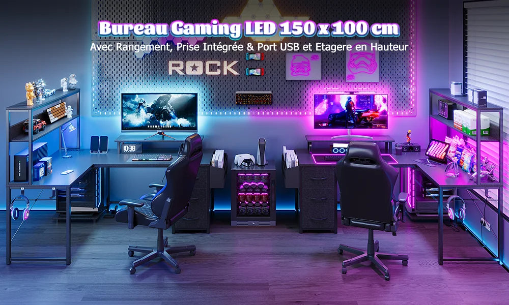Mesa Gaming en L con LED RGB Enchufe USB Cajón Archivador y Soporte Monitor | Negro | Mihtrov