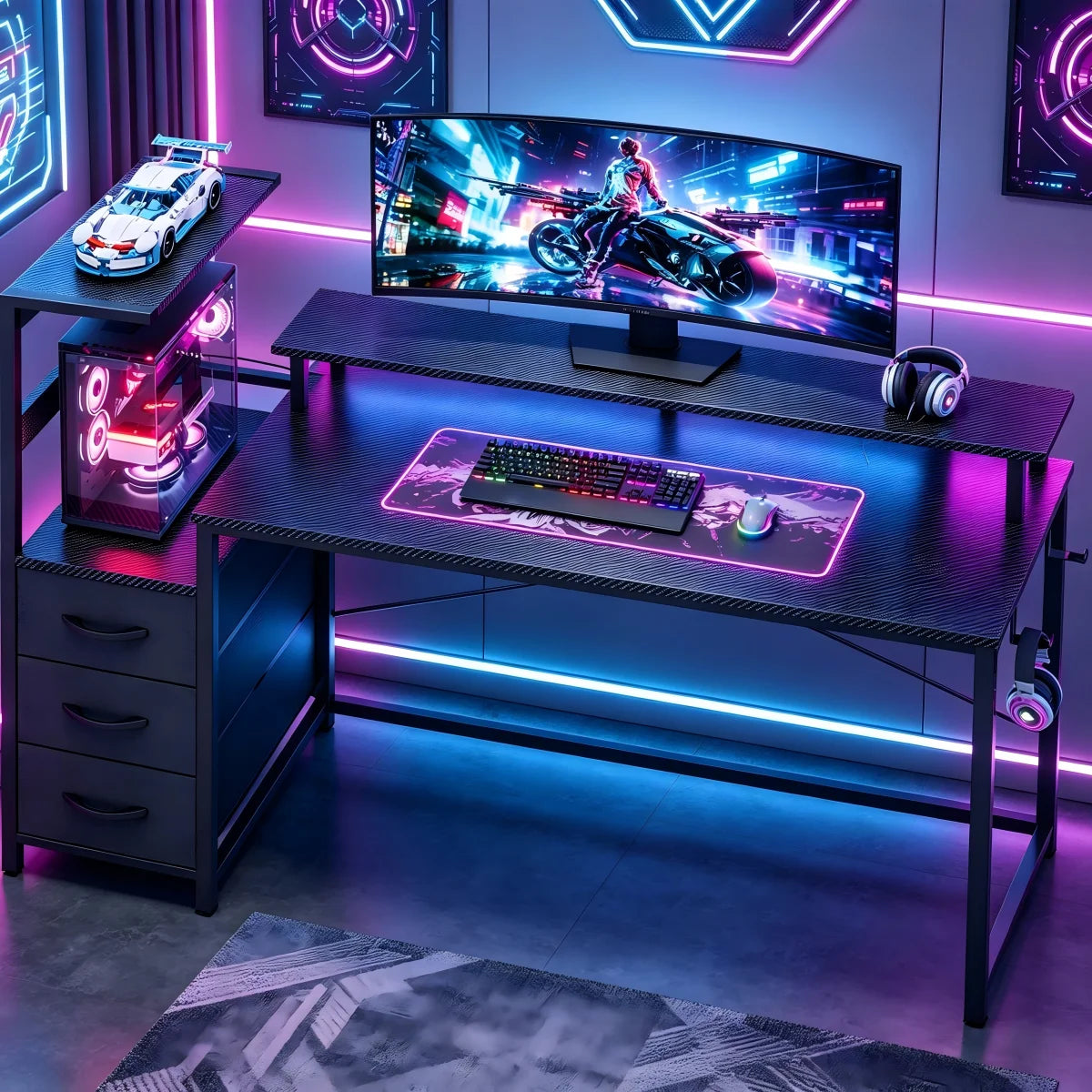 Mesa Gaming con Estantes Cajones LED RGB | 2 Enchufes USB | Soporte Monitor | Negro | Mihtrov
