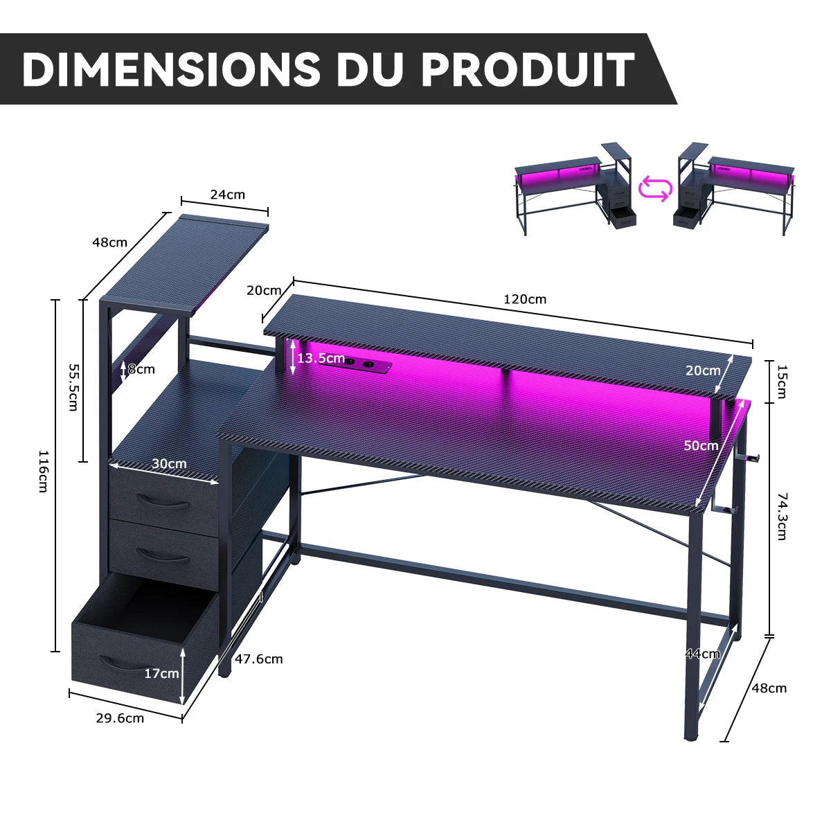 Mesa Gaming con Estantes Cajones LED RGB | 2 Enchufes USB | Soporte Monitor | Negro | Mihtrov