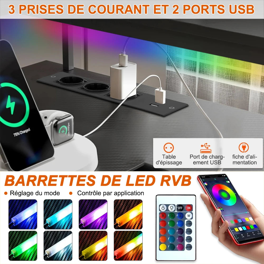 Mesa Gaming en L 136x75cm | LED Ajustable + Enchufe USB | Ergónomica | Trabajo y Gaming | Mihtrov