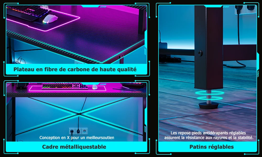 Mesa Gaming con Estantes Cajones LED RGB | 2 Enchufes USB | Soporte Monitor | Negro | Mihtrov