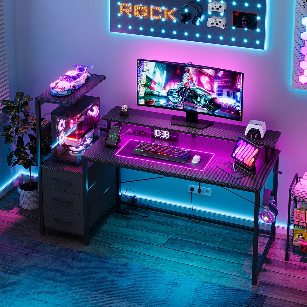 Mesa Gaming con Estantes Cajones LED RGB | 2 Enchufes USB | Soporte Monitor | Negro | Mihtrov