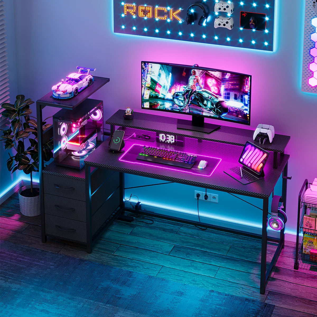 Mesa Gaming con Estantes Cajones LED RGB | 2 Enchufes USB | Soporte Monitor | Negro | Mihtrov