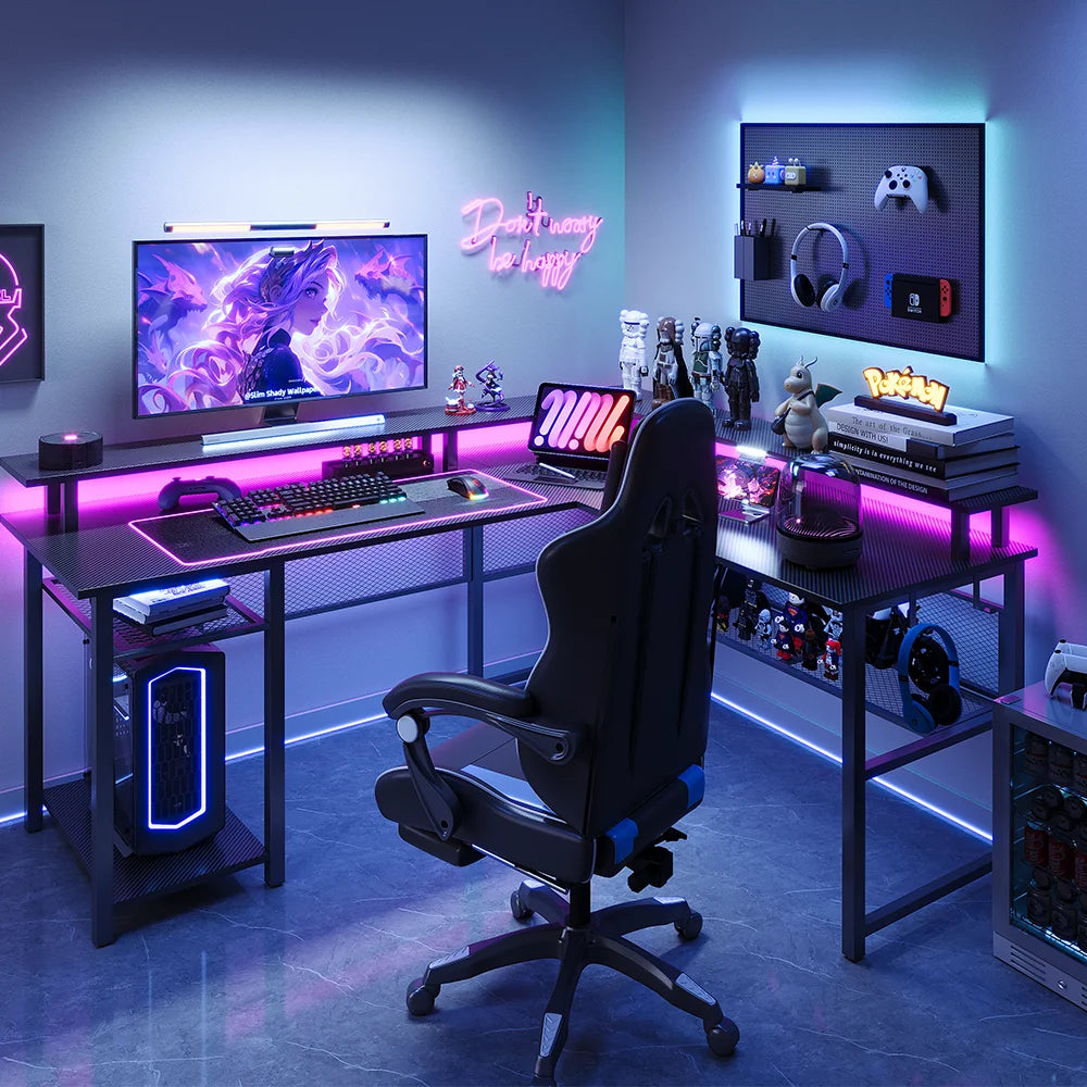 Mesa Gaming en L 136x75cm | LED Ajustable + Enchufe USB | Ergónomica | Trabajo y Gaming | Mihtrov