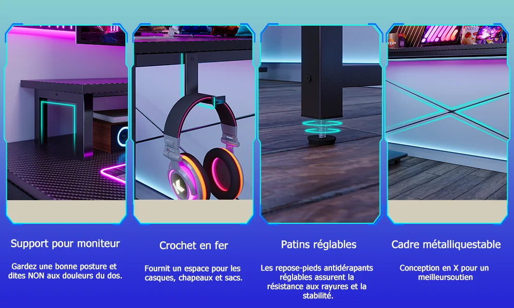 Mesa Gaming en L con LED RGB Enchufe USB Cajón Archivador y Soporte Monitor | Negro | Mihtrov