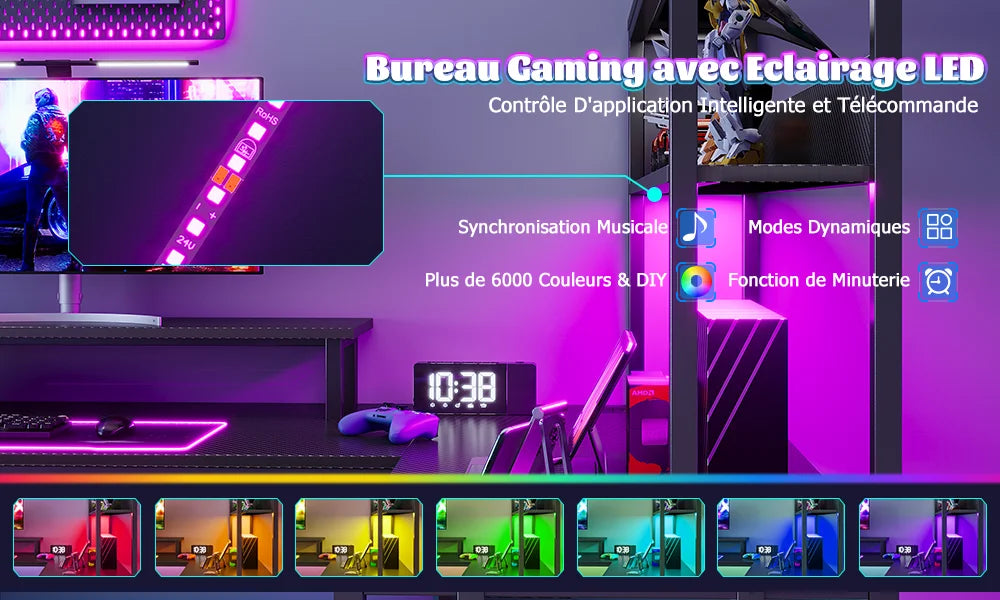 Mesa Gaming en L con LED RGB Enchufe USB Cajón Archivador y Soporte Monitor | Negro | Mihtrov