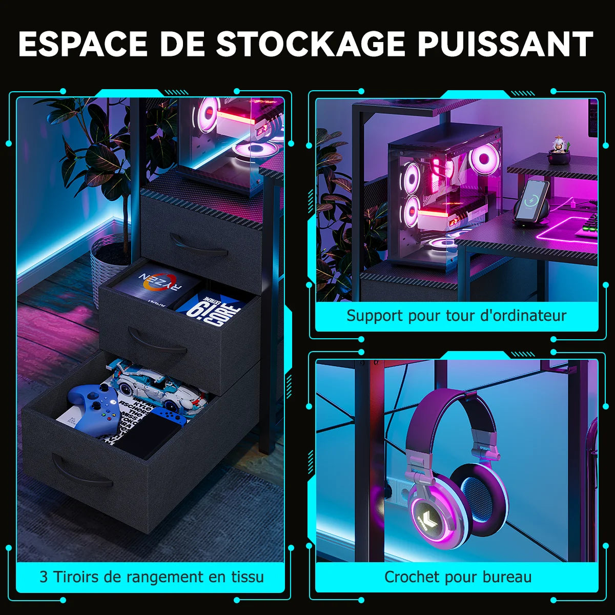 Mesa Gaming con Estantes Cajones LED RGB | 2 Enchufes USB | Soporte Monitor | Negro | Mihtrov
