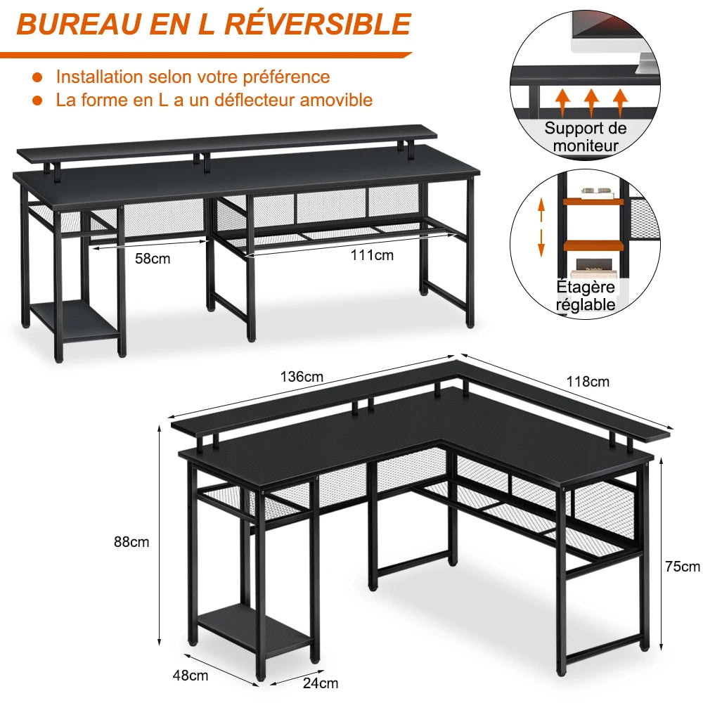 Mesa Gaming en L 136x75cm | LED Ajustable + Enchufe USB | Ergónomica | Trabajo y Gaming | Mihtrov