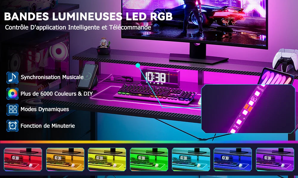 Mesa Gaming con Estantes Cajones LED RGB | 2 Enchufes USB | Soporte Monitor | Negro | Mihtrov