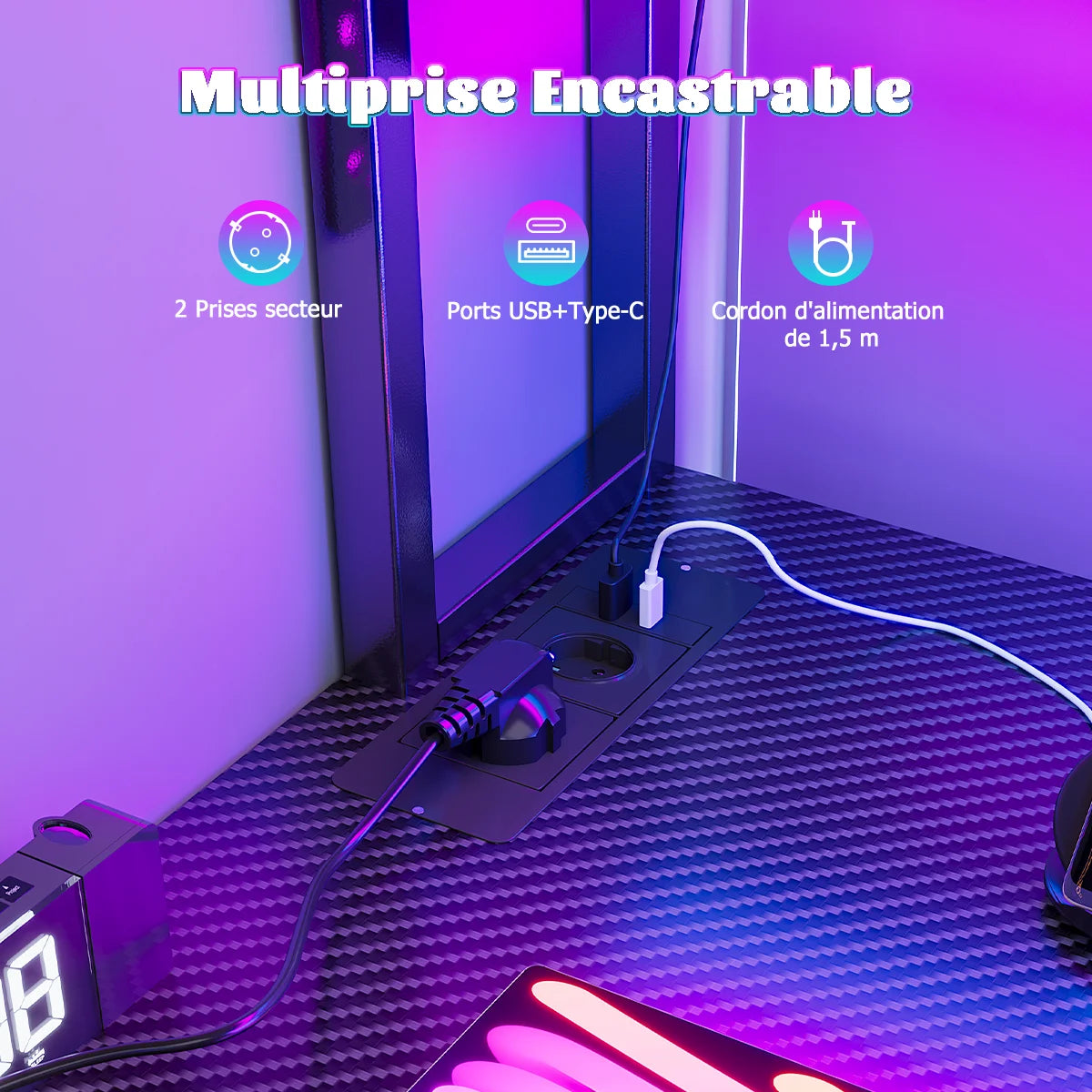 Mesa Gaming en L con LED RGB Enchufe USB Cajón Archivador y Soporte Monitor | Negro | Mihtrov