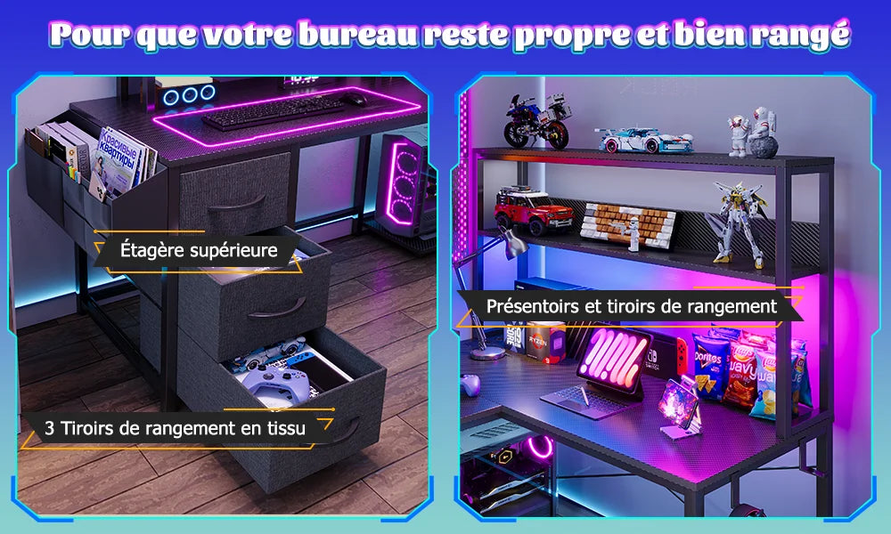 Mesa Gaming en L con LED RGB Enchufe USB Cajón Archivador y Soporte Monitor | Negro | Mihtrov