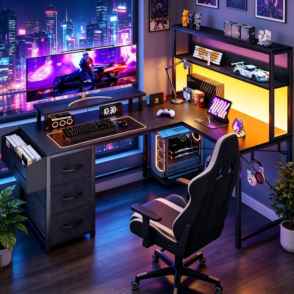 Mesa Gaming en L con LED RGB Enchufe USB Cajón Archivador y Soporte Monitor | Negro | Mihtrov