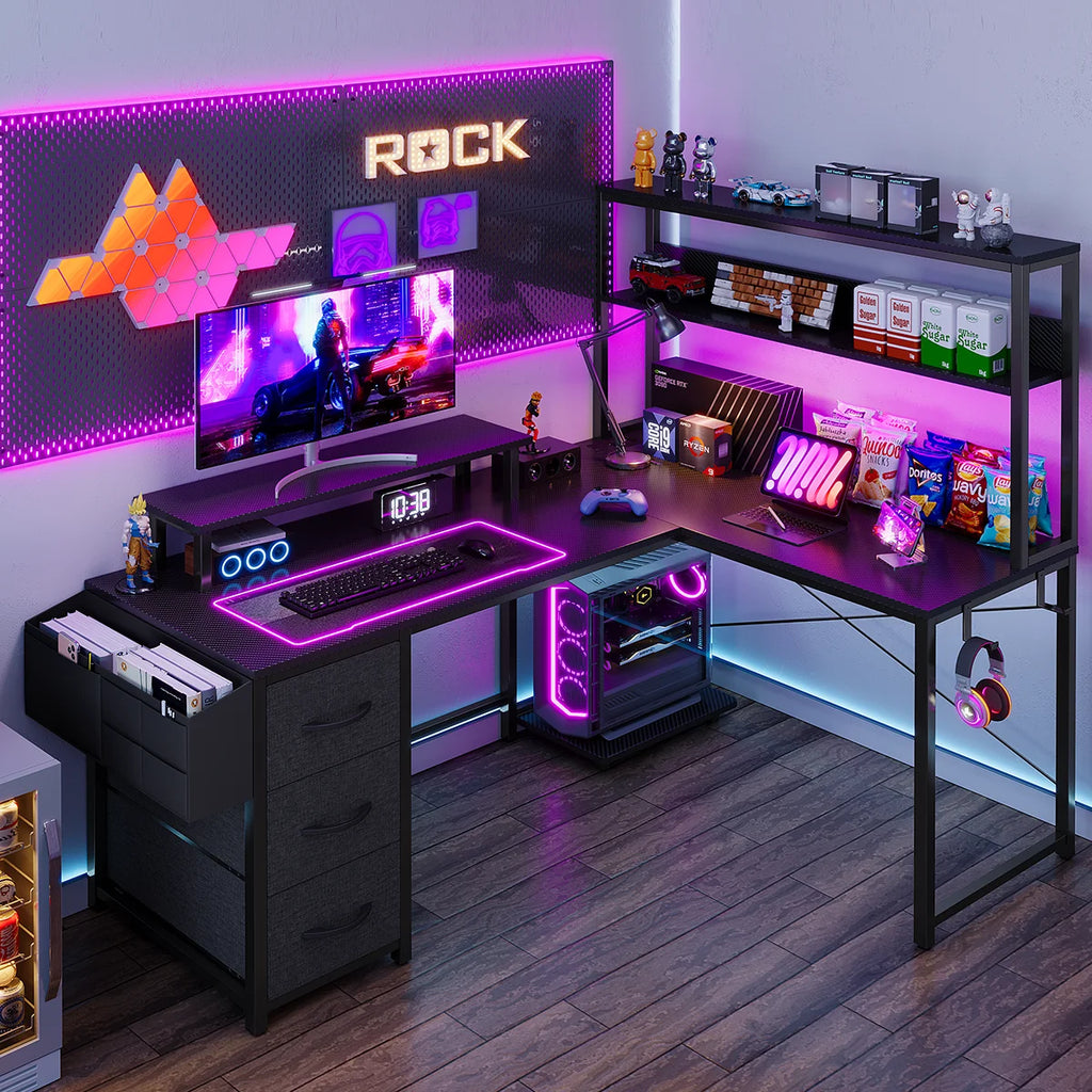 Mesa Gaming en L con LED RGB Enchufe USB Cajón Archivador y Soporte Monitor | Negro | Mihtrov