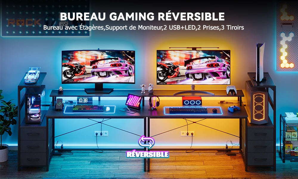 Mesa Gaming con Estantes Cajones LED RGB | 2 Enchufes USB | Soporte Monitor | Negro | Mihtrov