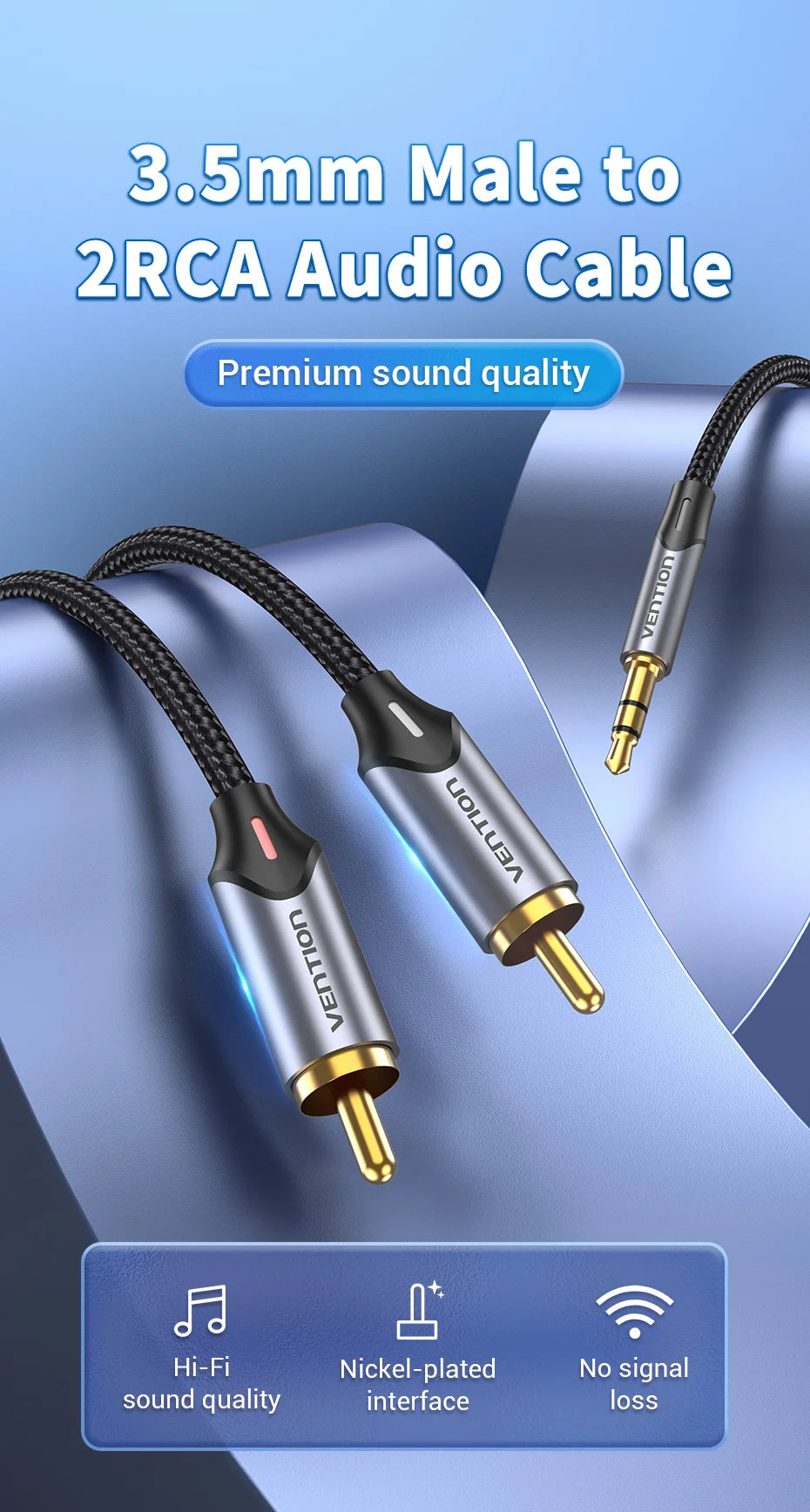 Cable de Audio Vention 3.5mm a 2 RCA | Splitter AUX para Amplificador, TV, Smartphone y Sistema HiFi