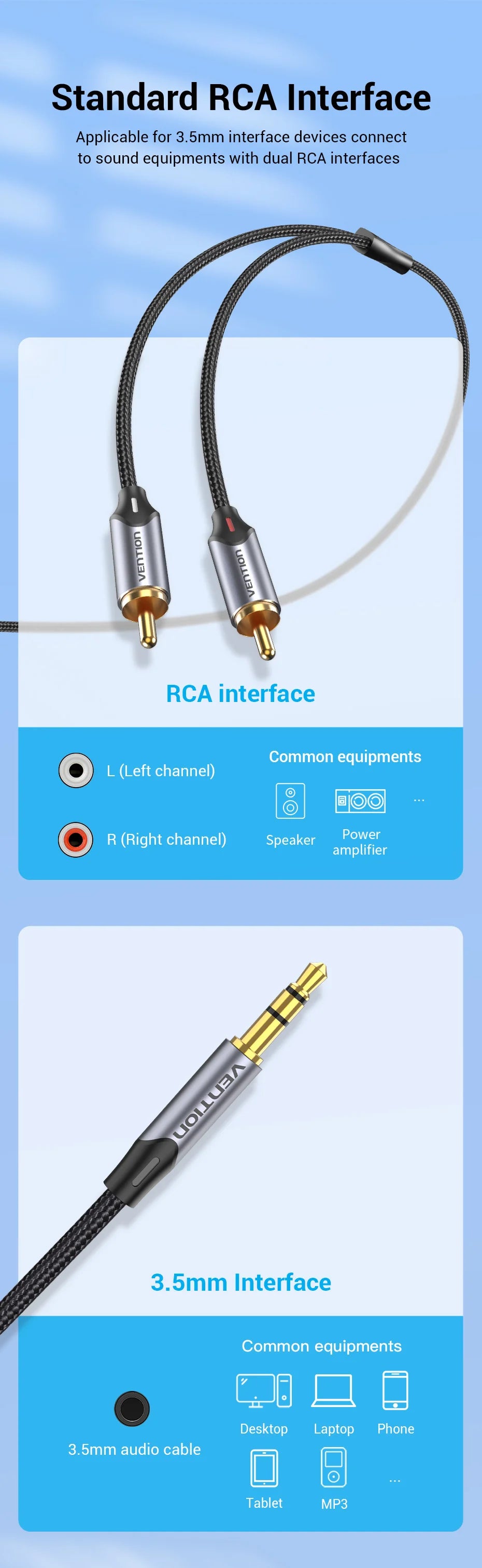 Cable de Audio Vention 3.5mm a 2 RCA | Splitter AUX para Amplificador, TV, Smartphone y Sistema HiFi