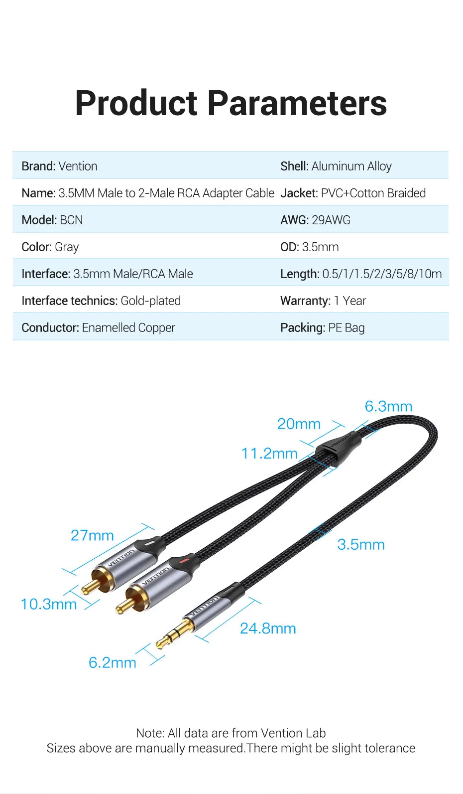 Cable de Audio Vention 3.5mm a 2 RCA | Splitter AUX para Amplificador, TV, Smartphone y Sistema HiFi
