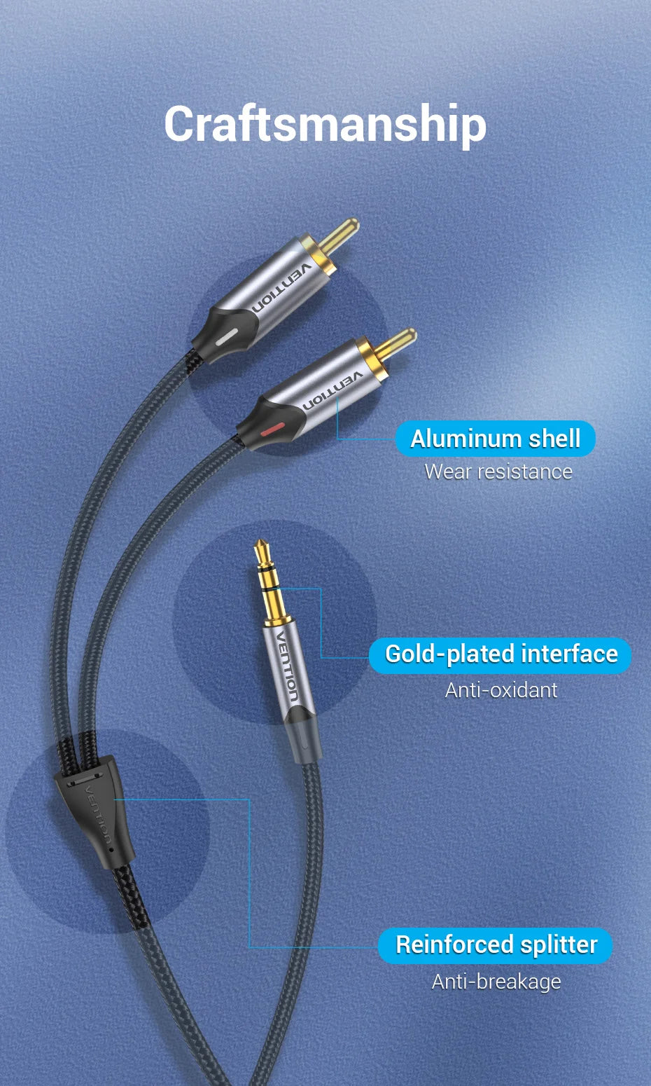 Cable de Audio Vention 3.5mm a 2 RCA | Splitter AUX para Amplificador, TV, Smartphone y Sistema HiFi