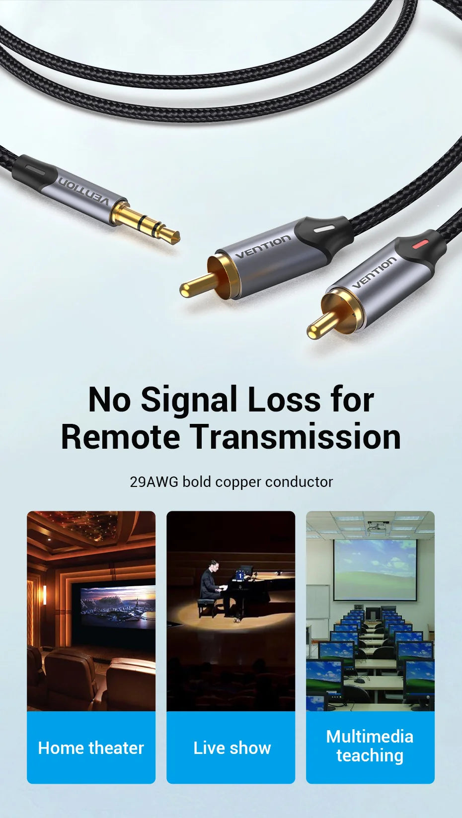Cable de Audio Vention 3.5mm a 2 RCA | Splitter AUX para Amplificador, TV, Smartphone y Sistema HiFi