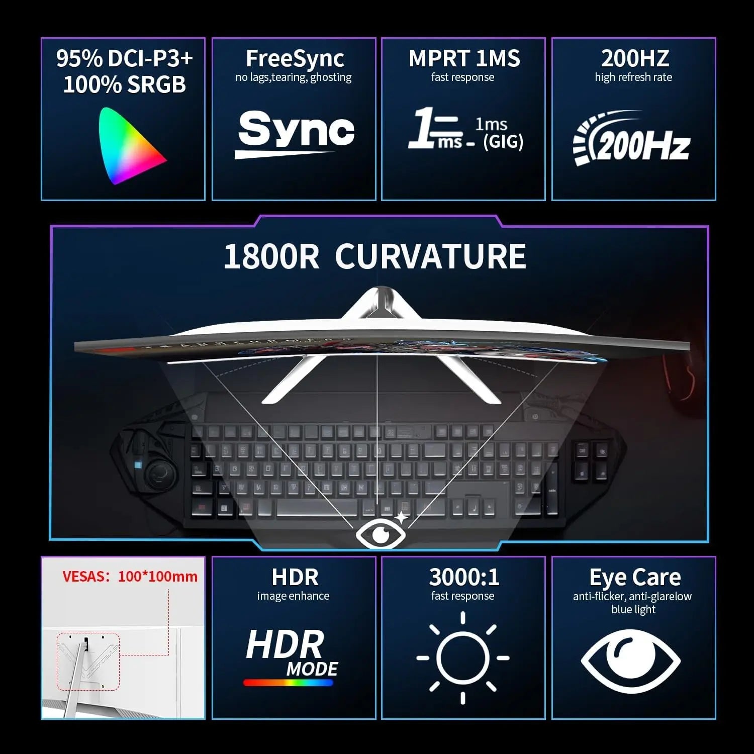 Monitor Gaming Curvo Crua 27'' 200Hz FHD 1080P | FreeSync | Sin Marco | Protección Ocular