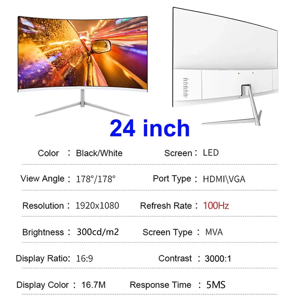 Monitor Curvo Gaming 24'' 100Hz MVA FHD 1080P | 3000R | HDMI VGA | 2ms | Protección Ocular | VESA