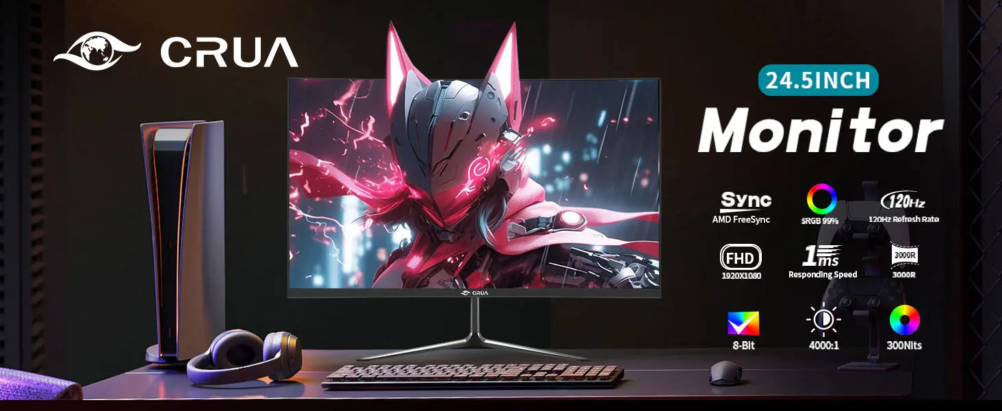 Monitor Gaming Curvo CRUA 24.5'' 120Hz FHD 1080P | FreeSync | Sin Marco | DisplayPort HDMI | VESA