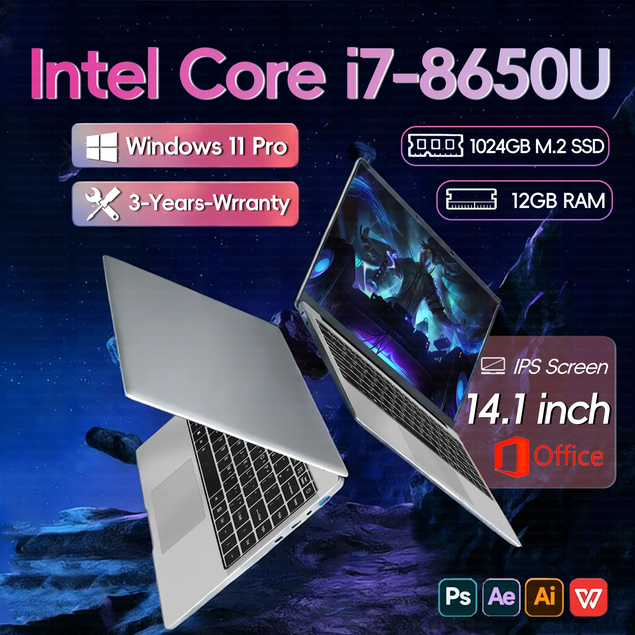 Portátil Gaming 14.1'' Intel Core i7 8650U | 12GB RAM DDR4 | SSD hasta 2TB | FHD IPS 90Hz | WiFi Bluetooth