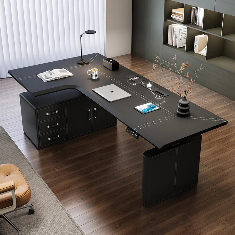 Mesa Esquinera en L Eléctrica Altura Regulable | Estilo Nórdico Negro | Madera de Roble | FYCD
