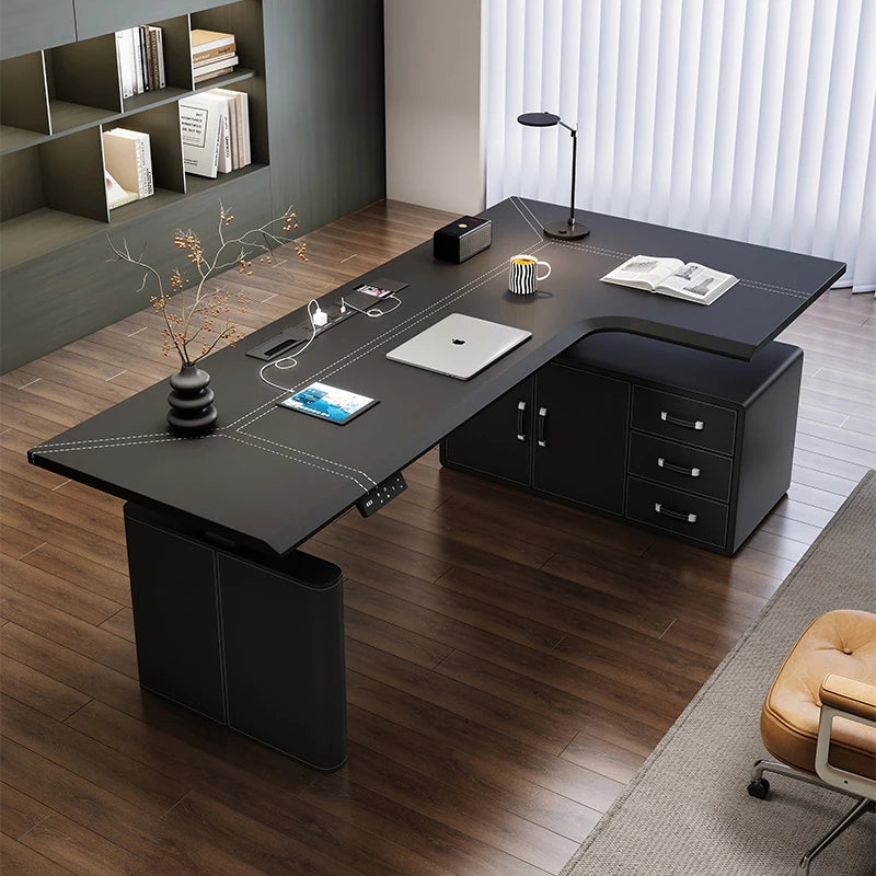 Mesa Esquinera en L Eléctrica Altura Regulable | Estilo Nórdico Negro | Madera de Roble | FYCD