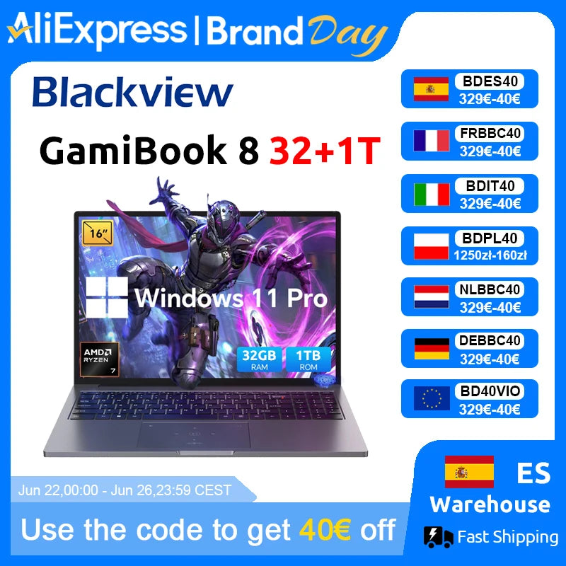 Portátil Gaming Blackview GamiBook 8 16'' | AMD Ryzen 7 7735HS | 16GB DDR5 | 512GB SSD | WiFi 6 | Windows 11 Pro