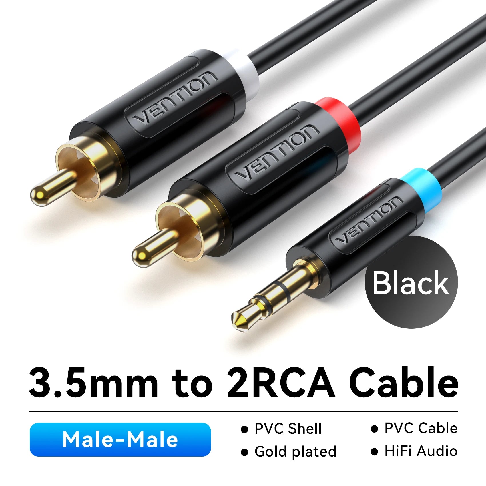 Cable de Audio Vention 3.5mm a 2 RCA | Splitter AUX para Amplificador, TV, Smartphone y Sistema HiFi