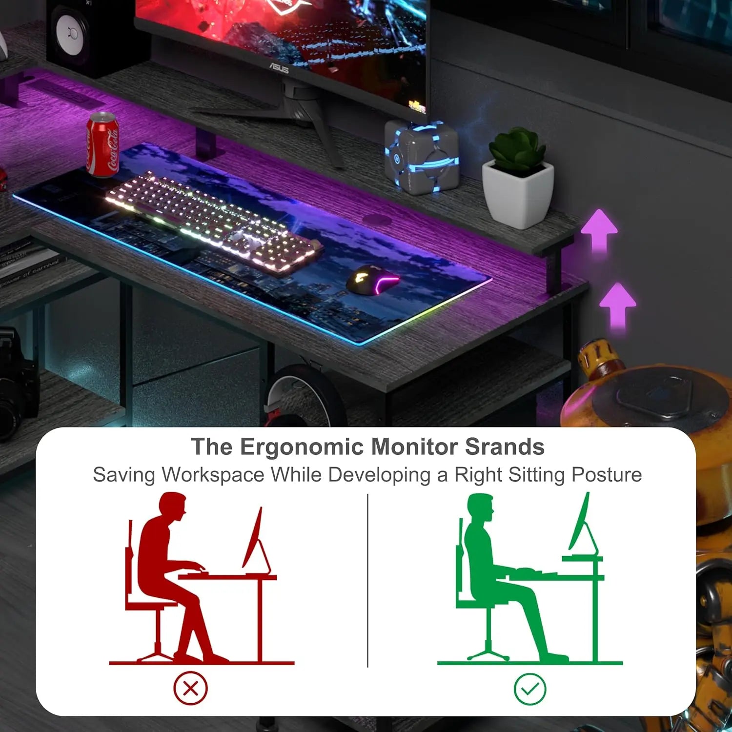 Mesa Gaming en L con Estante LED RGB Enchufes USB y Soporte Monitor | Gris Negro | ThomP