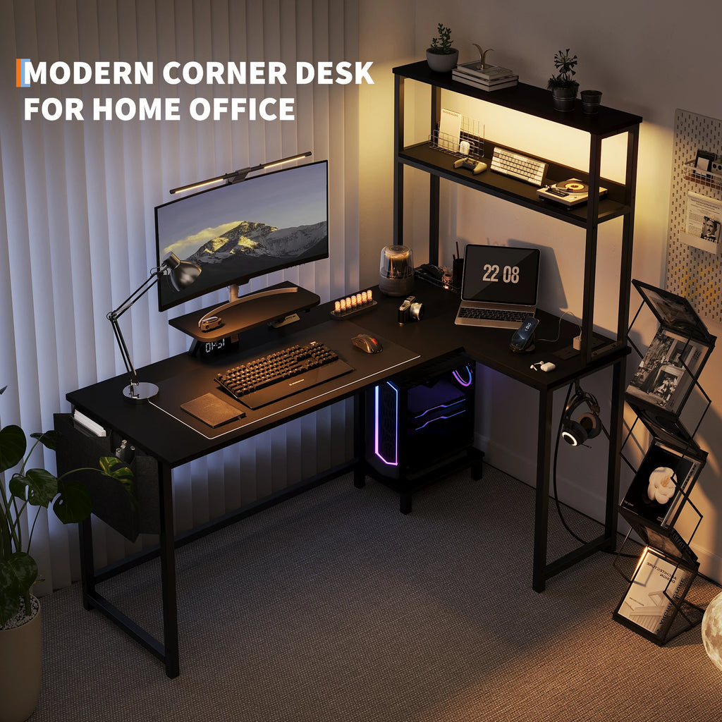 Mesa Gaming en L HAUSPROFI | LED RGB + Enchufe + USB | Cajón + Soporte Monitor | Ahorra Espacio