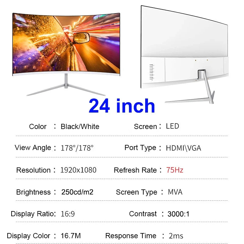 Monitor Curvo Gaming 24'' 100Hz MVA FHD 1080P | 3000R | HDMI VGA | 2ms | Protección Ocular | VESA